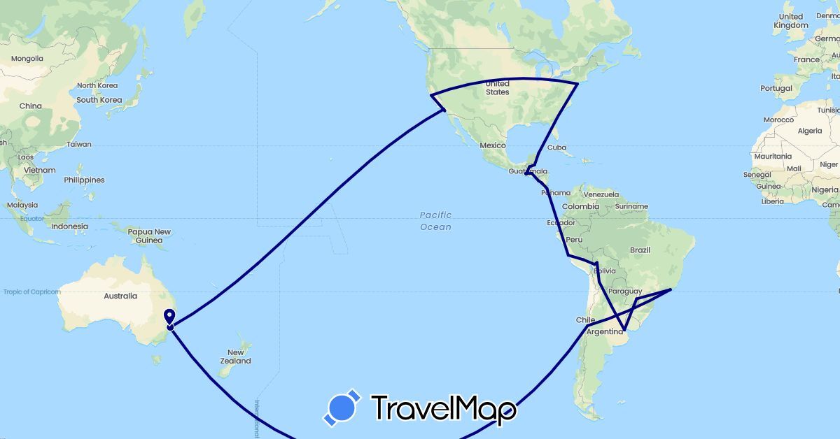 TravelMap itinerary: driving in Argentina, Australia, Bolivia, Brazil, Belize, Chile, Costa Rica, Guatemala, Honduras, Mexico, Nicaragua, Peru, United States (North America, Oceania, South America)